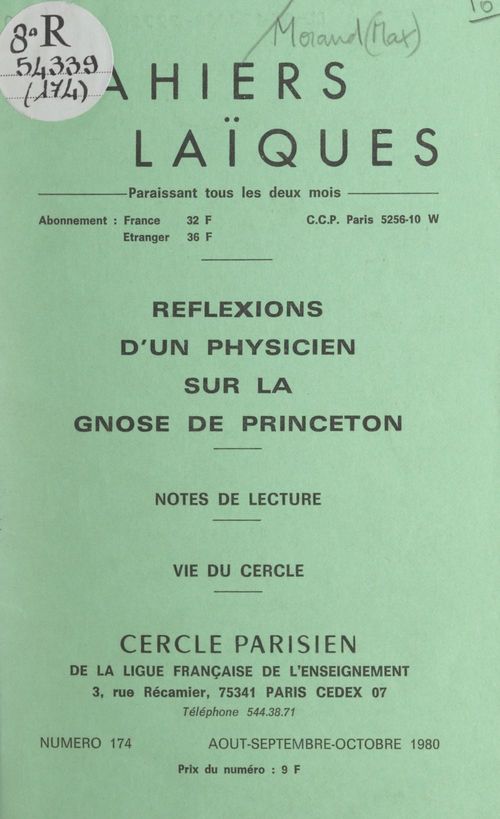 ebook cover of Réflexions d'un physicien sur la gnose de Princeton, by Max Morand