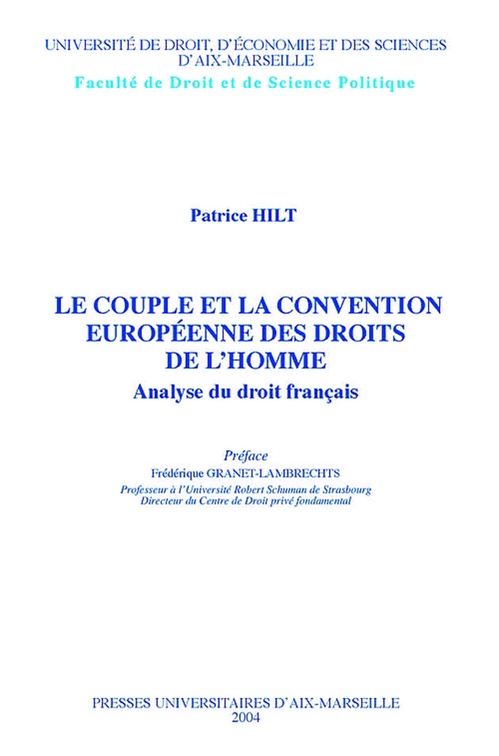 Couverture ebook de Le couple et la convention européenne des droits de l´homme, de Patrice Hilt