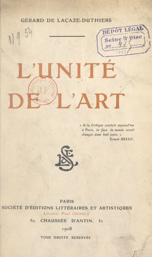 Couverture ebook de L'unité de l'art, de Gerard De Lacaze-Duthiers