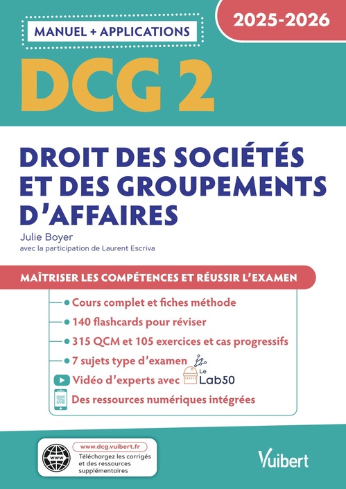 ebook cover of DCG 2 - Droit des sociétés et des groupements d'affaires : Manuel et Applications 2025-2026, by Julie Boyer, Laurent Escriva