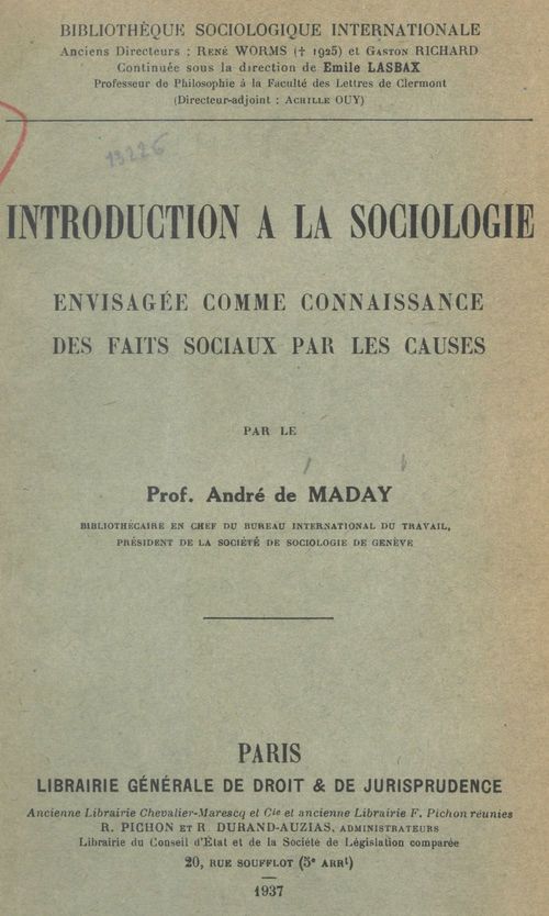 Couverture ebook de Introduction à la sociologie envisagée comme connaissance des faits sociaux par les causes, de Andre De Maday