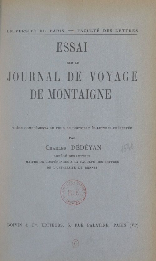 Couverture ebook de Essai sur le Journal de voyage, de Montaigne, de Charles Dedeyan