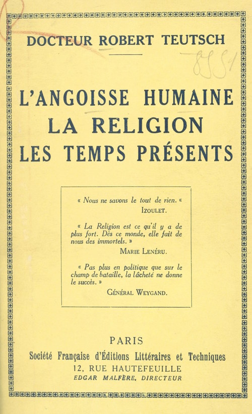 ebook cover of L'angoisse humaine, la religion, les temps presents, by Robert Teutsch