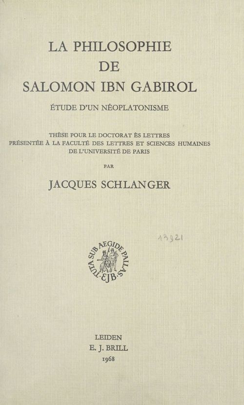 Couverture ebook de La philosophie de Salomon Ibn Gabirol, de Jacques Schlanger