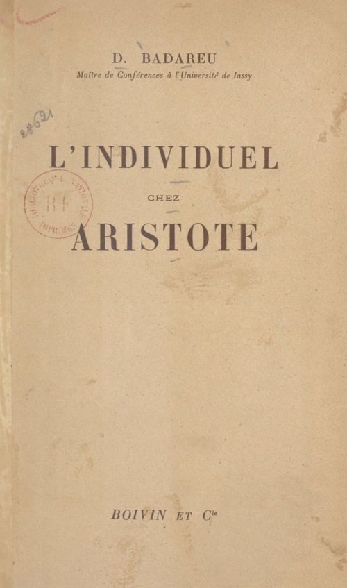 Couverture ebook de L'individuel chez Aristote, de D. Badareu