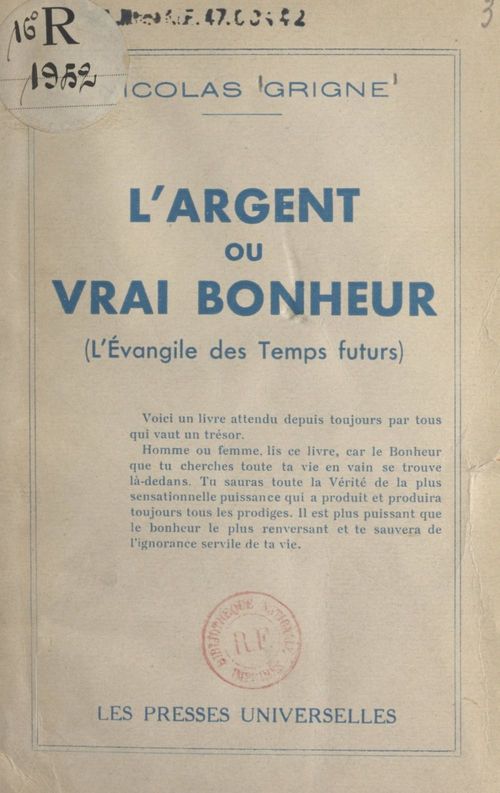 Couverture ebook de Argent, bonheur, de Nicolas Grigne