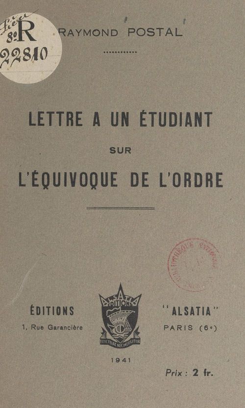 Couverture ebook de Lettre à un étudiant sur l'équivoque de l'ordre, de Raymond Postal