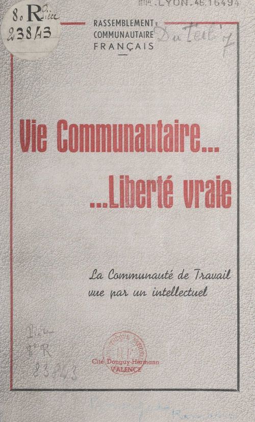 Couverture ebook de Vie communautaire, liberté vraie, de Roger Du Teil
