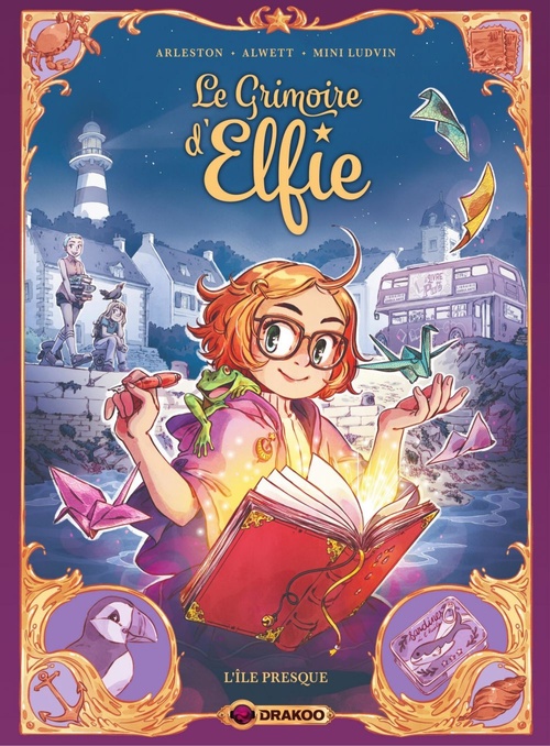 Couverture ebook de Le Grimoire d'Elfie - Tome 1 - L'île presque, de Audrey Alwett, Christophe Arleston, Mini Ludwin