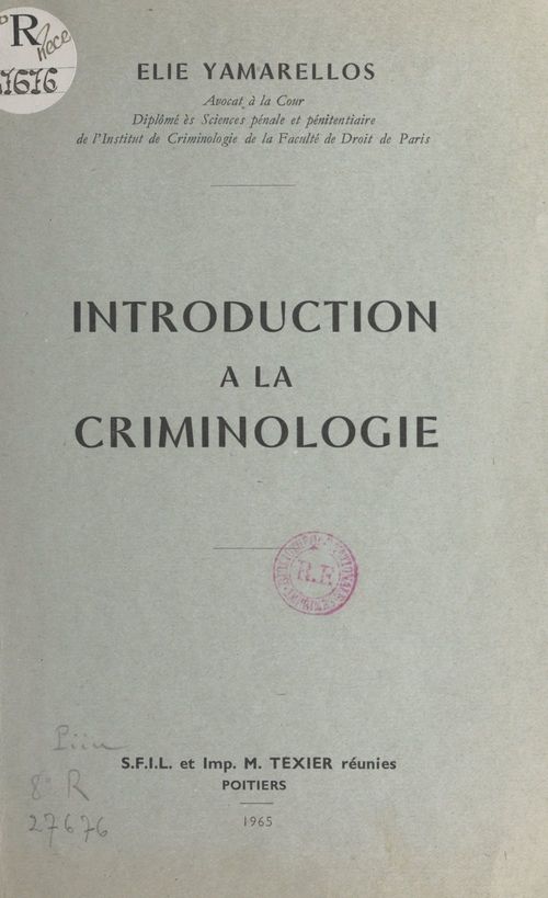 Couverture ebook de Introduction à la criminologie, de Elie Yamarellos