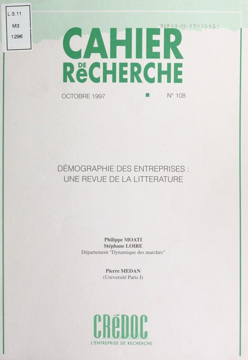 Couverture ebook de Démographie des entreprises : une revue de la littérature, de Philippe Moati, Pierre Medan, Stephane Loire