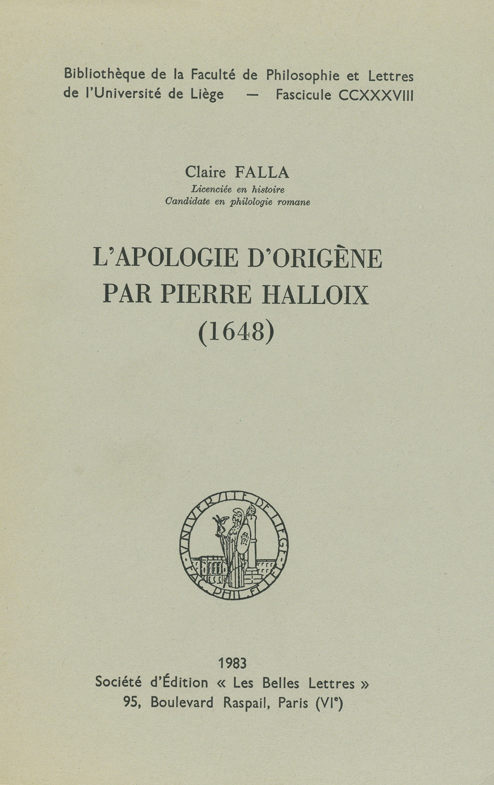 Couverture ebook de L´apologie d´Origène par Pierre Halloix (1648), de Claire Falla