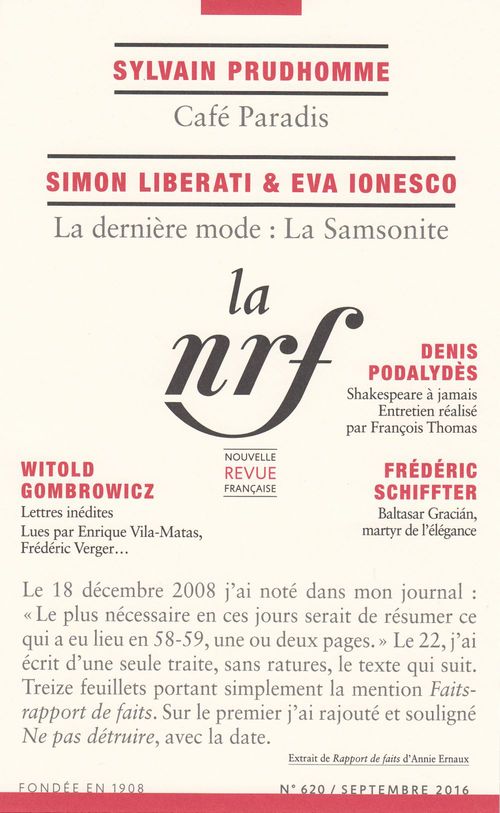 Couverture ebook de La Nouvelle Revue Française N° 620 (Septembre 2016), de La Nouvelle Revue Francaise