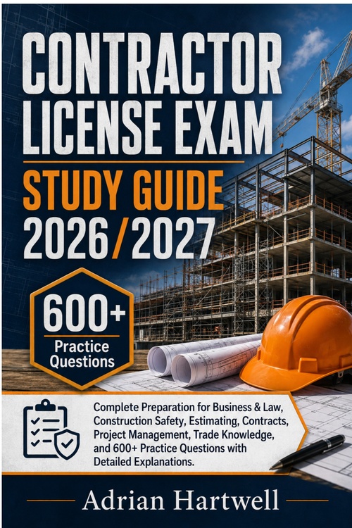 Couverture ebook de CONTRACTOR LICENSE EXAM STUDY GUIDE 2026/2027, de Adrian Hartwell