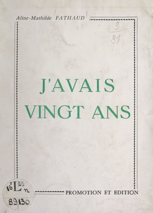 Couverture ebook de J'avais vingt ans, de Aline-Mathilde Fathaud