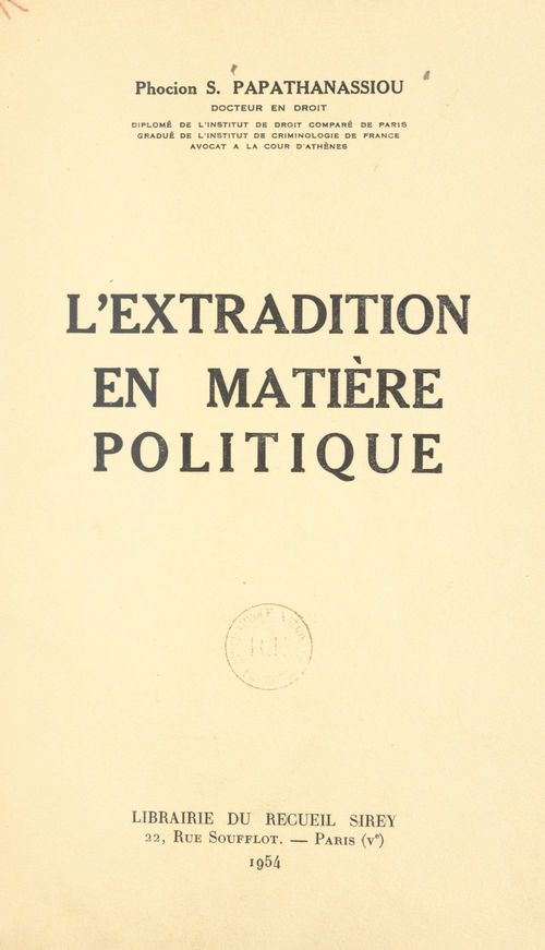 ebook cover of L'extradition en matière politique, by Phocion S. Papathanassiou