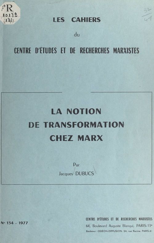 ebook cover of La notion de transformation chez Marx, by Jacques Dubucs