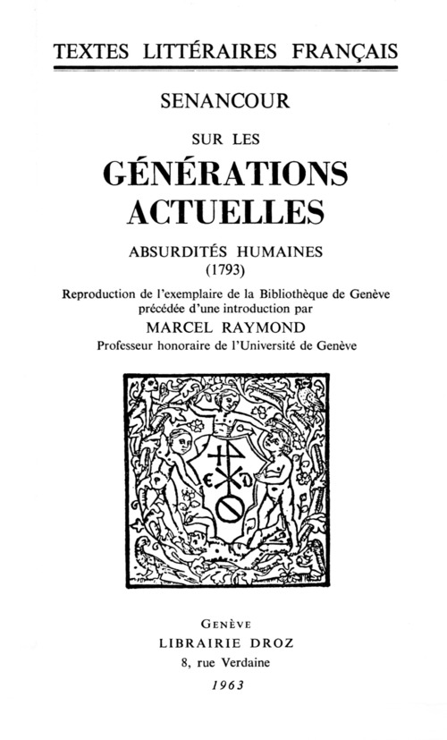 ebook cover of Sur les Générations actuelles. Absurdités humaines, by Marcel Raymond, Etienne Senancour