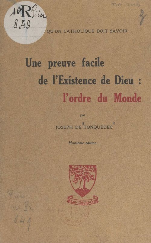 Couverture ebook de Une preuve facile de l'existence de Dieu : l'ordre du monde, de Joseph De Tonquedec