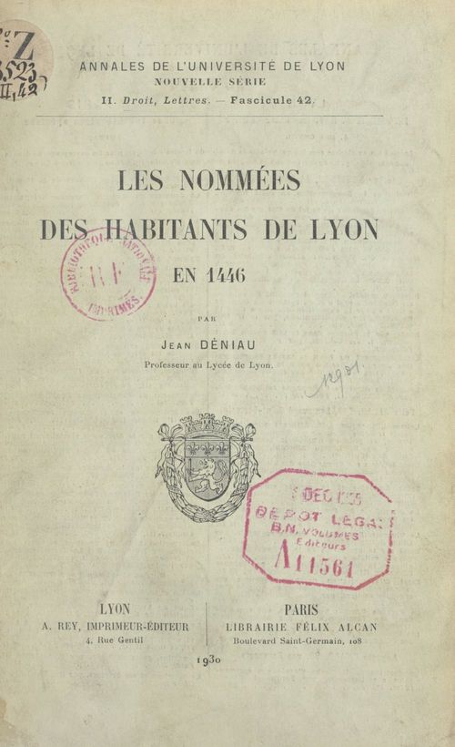 ebook cover of Les nommées des habitants de Lyon en 1446, by Jean Deniau