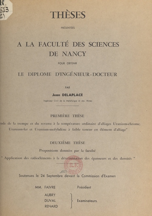 Couverture ebook de Étude de la trempe et du revenu à la température ordinaire d'alliages uranium-chrome, uranium-fer et uranium-molybdène à faible teneur en élément d'alliage, de Jean Delaplace