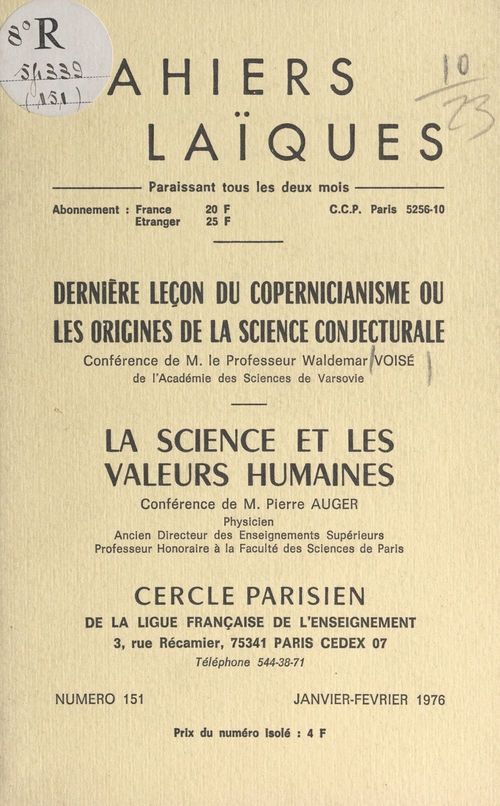 ebook cover of Dernière leçon du copernicianisme ou les origines de la science conjecturale, by Pierre Auger, Waldemar Voise