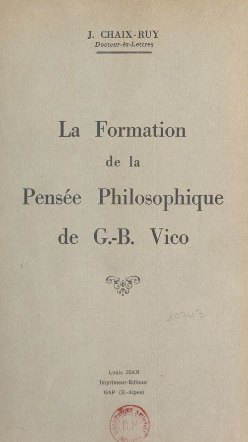 Couverture ebook de La formation de la pensée philosophique de G.-B. Vico, de Jules Chaix-Ruy