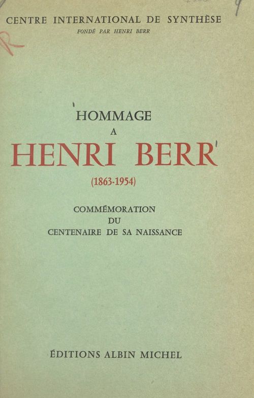 Couverture ebook de Hommage à Henri Berr, de Centre International De Synthese
