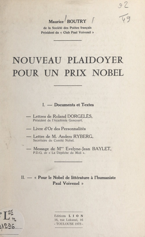 Couverture ebook de Nouveau plaidoyer pour un prix Nobel, de Maurice Boutry