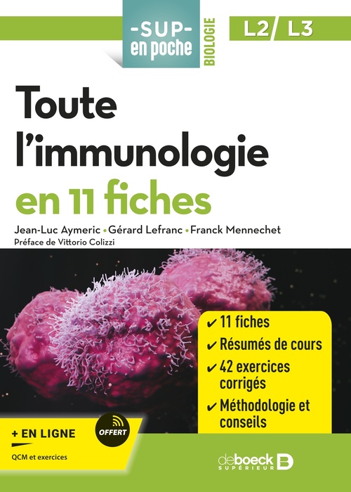 Couverture ebook de Toute l'immunologie en 11 fiches, de Jean-Luc Aymeric, Gérard Lefranc, Franck Mennechet
