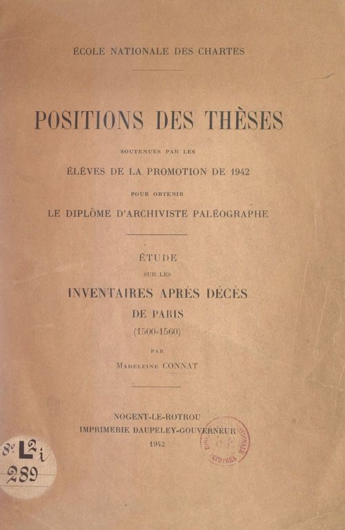 ebook cover of Étude sur les inventaires après décès de Paris (1500-1560), by Madeleine Connat