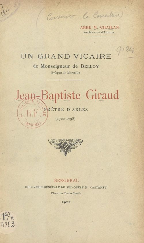 Couverture ebook de Jean-Baptiste Giraud, prêtre d'Arles, 1722-1798, de Marcelin Chailan