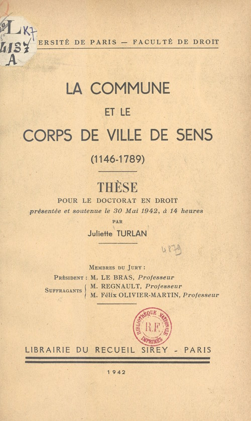 Couverture ebook de La commune et le corps de ville de Sens (1146-1789), de Juliette Turlan