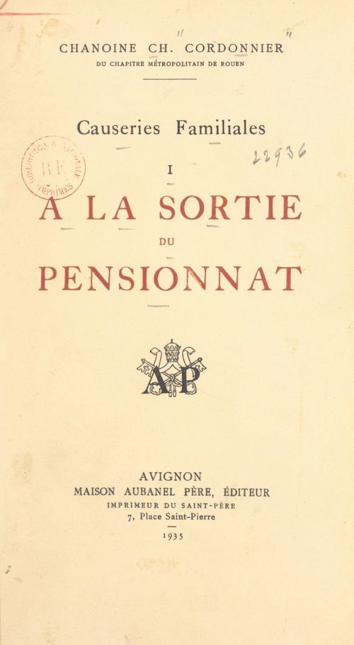 Couverture ebook de Causeries familiales (1). À la sortie du pensionnat, de Charles Cordonnier