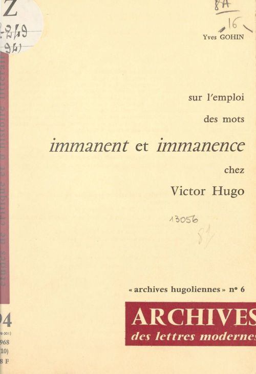 Couverture ebook de Sur l'emploi des mots "immanent" et "immanence" chez Victor Hugo, de Yves Gohin