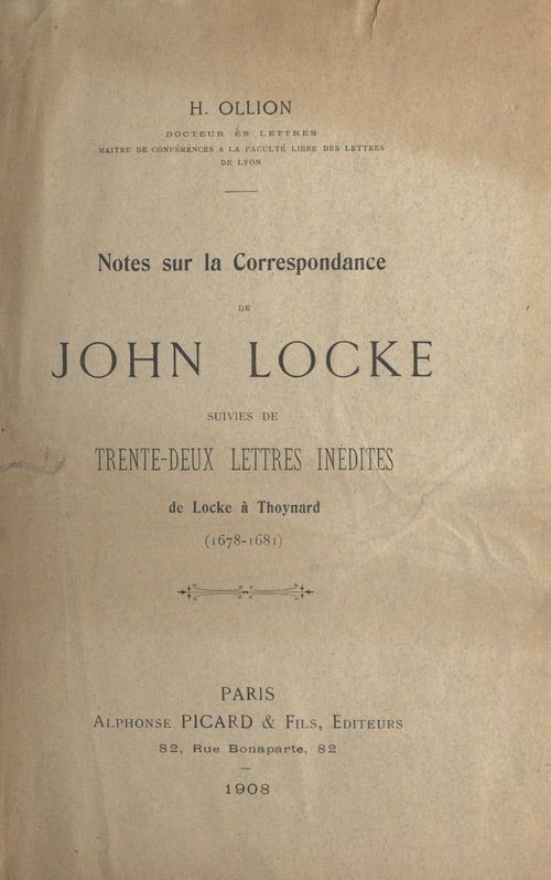 Couverture ebook de Notes sur la correspondance de John Locke, de Henri Ollion