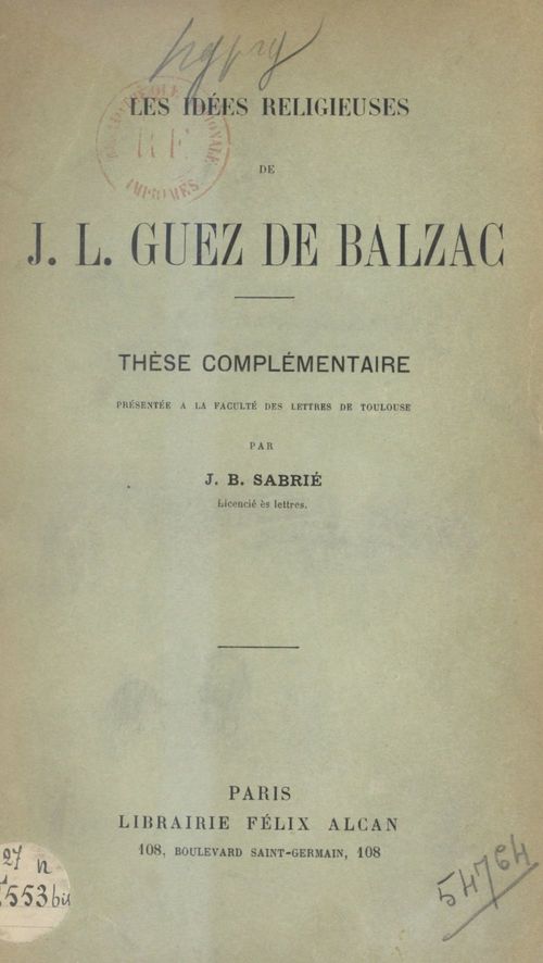 Couverture ebook de Les idées religieuses de J.-L. Guez de Balzac, de Jean-Baptiste Sabrie