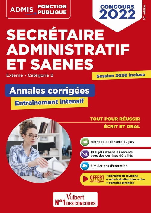 Couverture ebook de Annales corrigées Secrétaire administratif et SAENES -  Catégorie B - Concours 2022, de Pascal Eynard, René Guimet