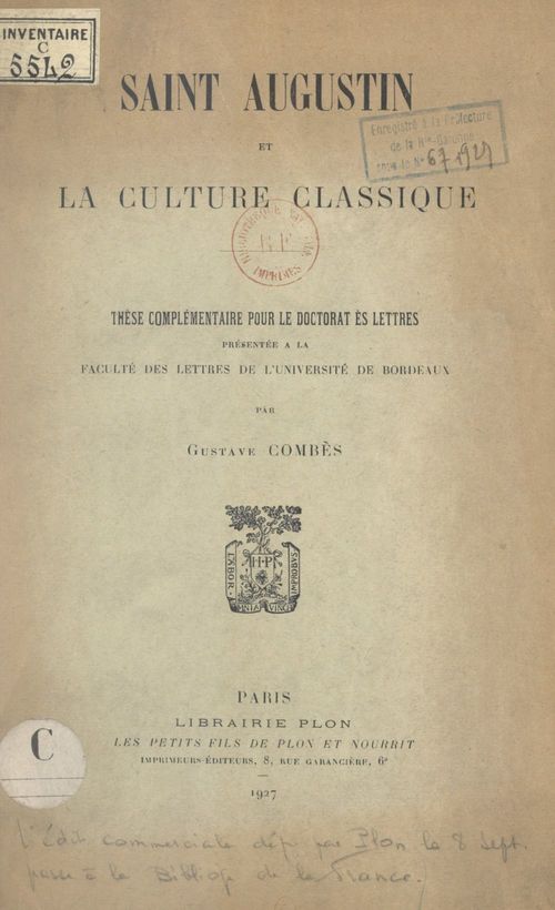ebook cover of Saint Augustin et la culture classique, by Gustave Combes