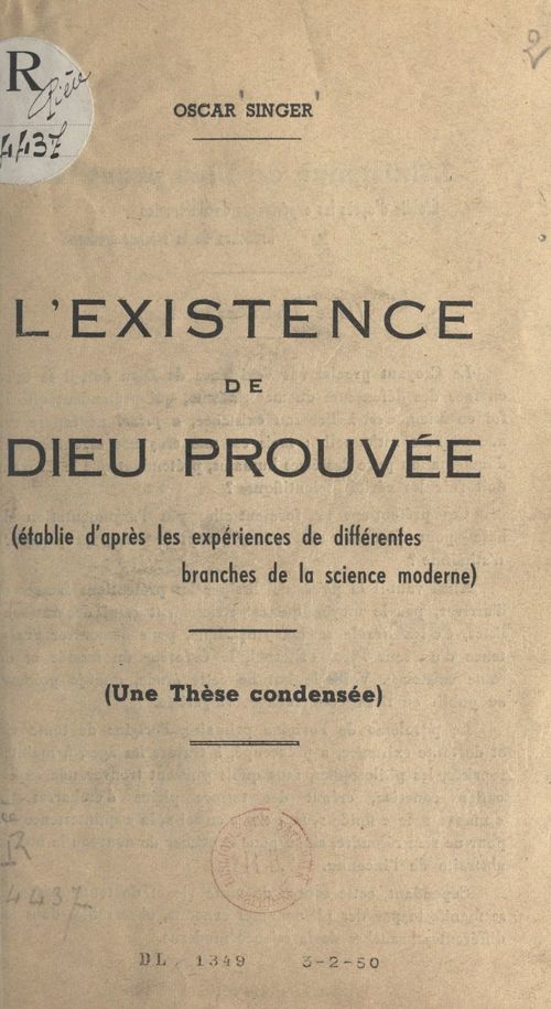 Couverture ebook de L'existence de Dieu prouvée, de Oscar Singer