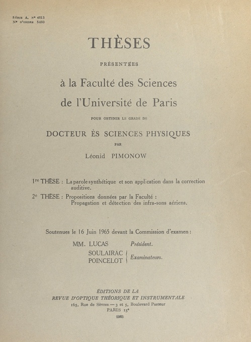 Couverture ebook de La parole synthétique et son application dans la correction auditive, de Leonid Pimonow