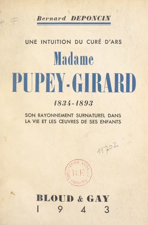 Couverture ebook de Une intuition du Curé d'Ars, Madame Pupey-Girard (1834-1893), de Bernard Deponcin