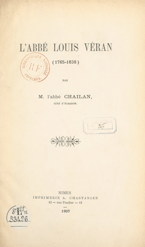 Couverture ebook de L'abbé Louis Véran (1765-1838), de Marcelin Chailan