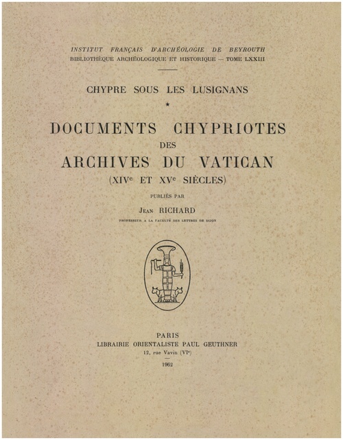 ebook cover of Chypre sous les Lusignans : documents chypriotes des archives du Vatican (XIVe et XVe siècles), by Jean Richard