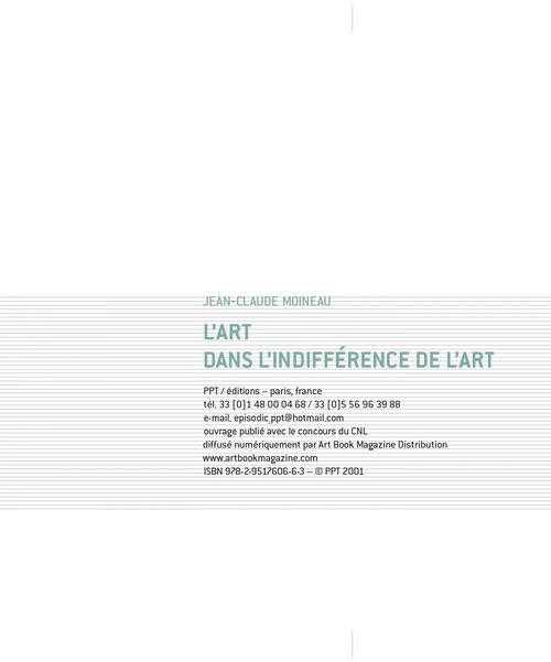 Couverture ebook de L'Art dans l'indifférence de l'art, de Jean-Claude Moineau