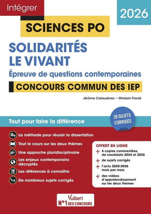 Couverture ebook de Sciences Po - Questions contemporaines - Solidarités + Le vivant - Concours commun des IEP 2026, de Jérôme Calauzènes, Ghislain Tranié