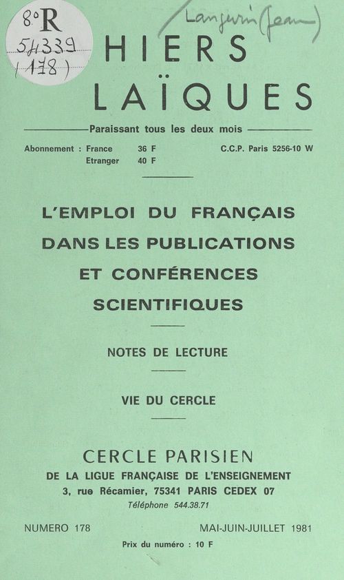 ebook cover of L'emploi du français dans les publications et conférences scientifiques, by Cercle Parisien De La Ligue Francaise De