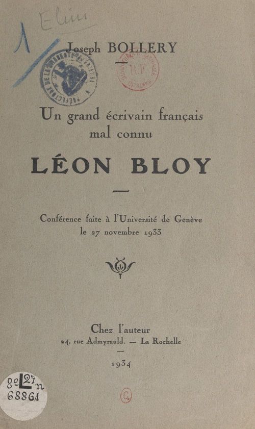 ebook cover of Un grand écrivain français mal connu, Léon Bloy, by Joseph Bollery