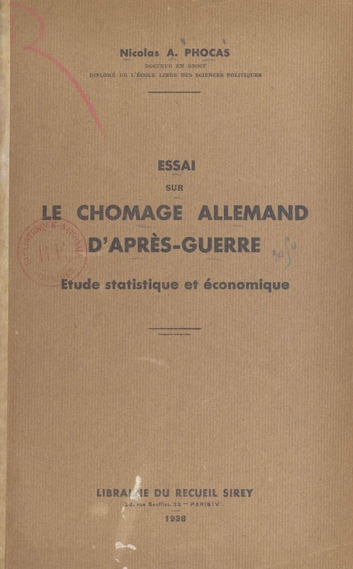 Couverture ebook de Essai sur le chômage allemand d'après guerre, de Nicolas A. Phocas