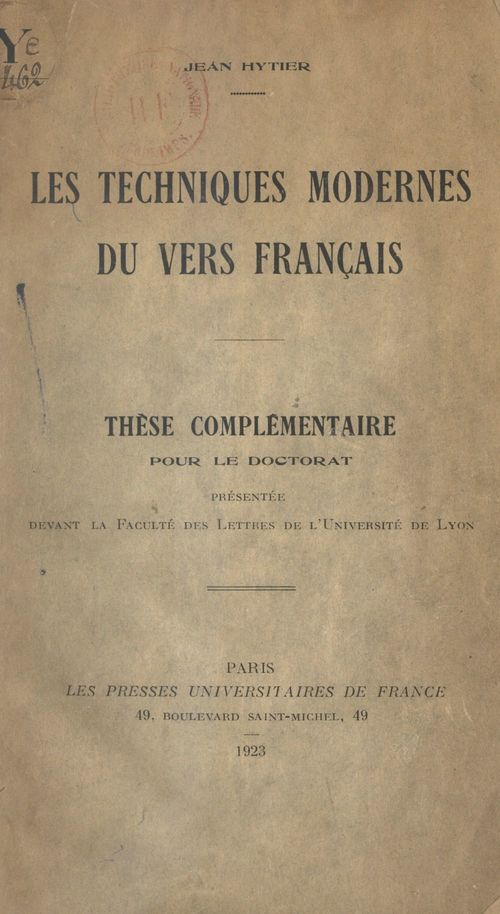 ebook cover of Les techniques modernes du vers français, by Jean Hytier